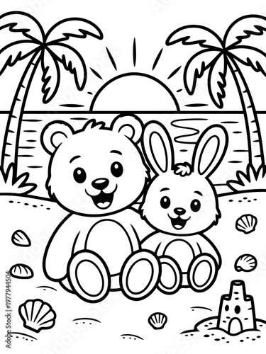 Ocean side cartoon: A cheerful cartoon depicts two cuddly toy friends, a bear and a bunny, enjoying a relaxing day at the ocean beach, capturing a scene of pure happiness.