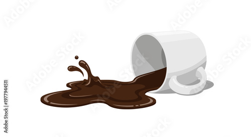 Spilled coffee from a tipped-over white ceramic mug with liquid splash.