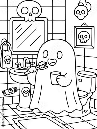 Spooky bathroom scene: A ghostly figure diligently brushes its teeth in a bathroom setting, highlighting a whimsical fusion of the supernatural and everyday hygiene