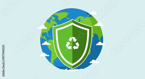 Eco-friendly shield with recycling symbol protects the Earth from pollution.