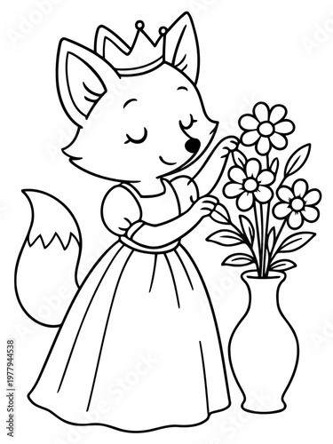 Fox Princess with Flowers: An elegant fox princess delicately arranges fresh flowers in a vase, creating a serene and charming scene, with a playful nod to childhood fantasies.
