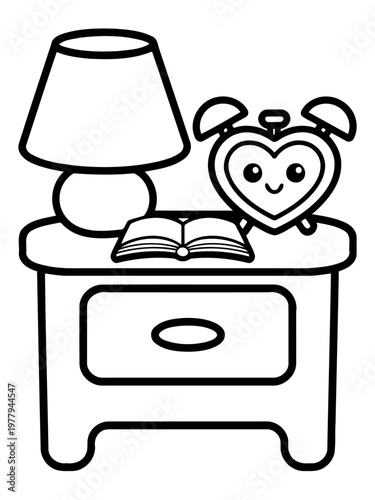 Nightstand Serenity: A cozy nightstand scene features a charming lamp, an open book, and a heart-shaped clock, all set to create a relaxing bedroom atmosphere. 