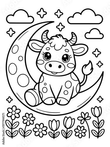 Cosmic Calf's Serenade: A darling calf, seated serenely upon a crescent moon amidst a constellation of stars, sings a sweet serenade in this illustration.