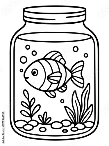 Aquatic Life in a Jar: A monochrome illustration of a charming fish gracefully swimming within a glass jar, adorned with aquatic plants and smooth pebbles.