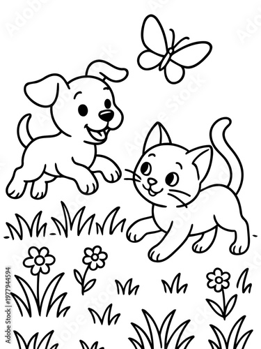Playful Pup and Kitten's Lively Day: A cute puppy and kitten, full of energy, frolic in a vibrant garden, as a butterfly flits playfully nearby.