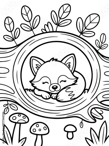 Coziness in the Hollow: A charming illustration depicts a serene fox, curled up in a tree hollow, surrounded by delicate leaves and friendly mushrooms.