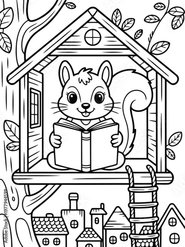 Reading Squirrel in Treehouse: A charming cartoon squirrel is nestled within a whimsical treehouse, absorbed in the pages of a book, fostering a sense of curiosity and imaginative exploration.