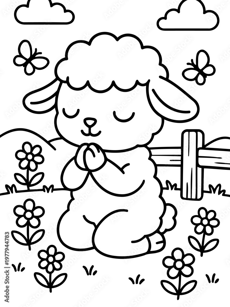 Fototapeta premium Cute Lamb Contemplation: A charming illustration depicts a sweet lamb in a serene meadow, eyes closed in quiet contemplation. Surrounded by flowers and butterflies, the scene exudes tranquility.