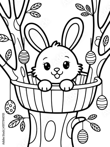 Easter Bunny in the Nest: A charming illustration depicts a friendly bunny nestled in a tree hollow, surrounded by decorated eggs, a perfect scene for Easter celebration.