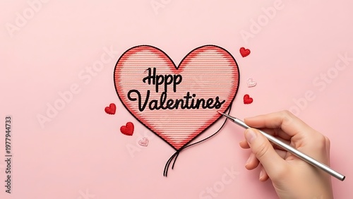 Valentines day concept heart and hand with pen on pink background