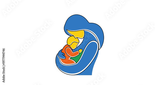 Stylized blue mother lovingly embracing her child, symbolizing maternal care, family bond, and tender affection in a simple, graphic icon