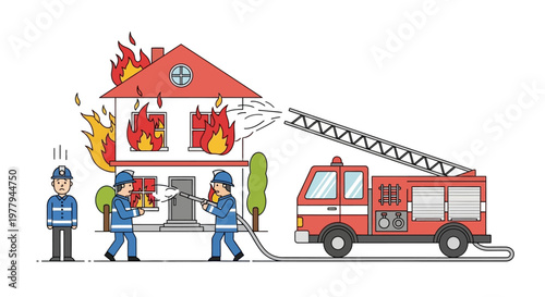 Firefighters battling a house fire with a fire truck and hose, extinguishing flames at a burning residence