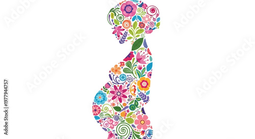 Colorful floral silhouette of a pregnant woman, celebrating the beauty of motherhood and the promise of new life. A vibrant illustration symbolizing natural growth