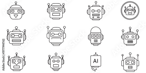Set of twelve robot head line icons simple outline vector illustration eps 10