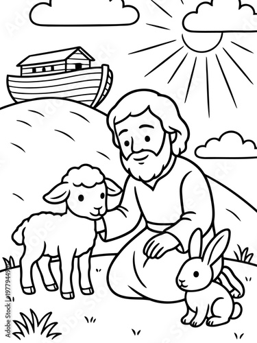 A Divine Gathering: A depiction of a biblical scene features a religious figure and an array of animals gathering around an arc.