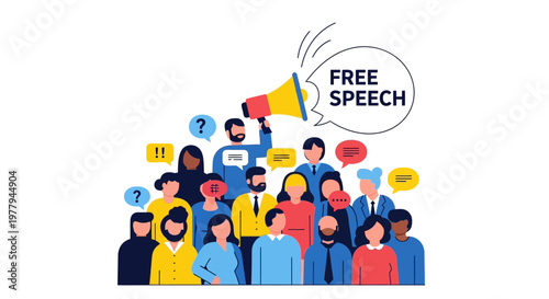 Diverse crowd advocating for fundamental rights, expressing opinions and engaging in public discourse through a powerful megaphone for freedom of speech