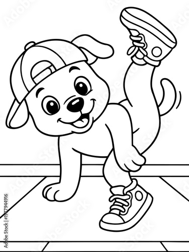Energetic Pup: A playful cartoon dog, sporting a backward cap and stylish sneakers, strikes a dynamic pose, expressing a carefree vibe and joyful movement.