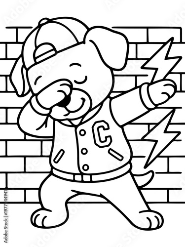 Cool Pup Dabbing: A cartoon pup with a stylish hat and jacket confidently strikes a dabbing pose, creating a fun and energetic image.