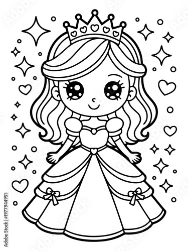 Royal Radiance: A charming princess, adorned with a regal crown, exudes innocence and grace, surrounded by symbols of enchantment and joy. 