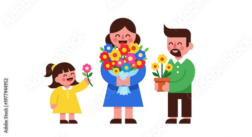 Happy family giving flower gifts during a joyous celebration of a special occasion like mother's day