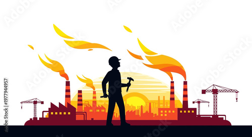 Industrial Revolution Silhouette with Smokestacks and Crane at Sunset, Symbolizing Manufacturing and Progress