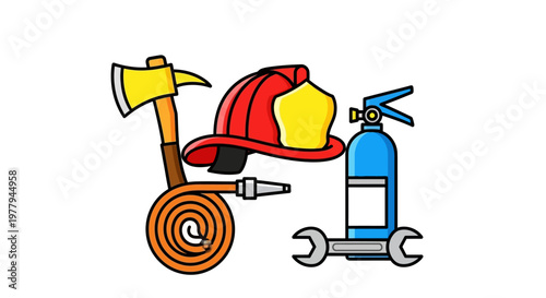 Collection of Professional Firefighting Gear and Essential Safety Tools for Emergency Response and Hazard Prevention Flat Vector Graphics