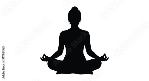 Minimalist black vector graphic illustration featuring a silhouette of a calm person sitting in a lotus position for zen practice and focused mindful breathing sessions