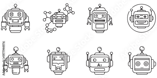 Set of twelve robot head line icons simple outline vector illustration eps 10