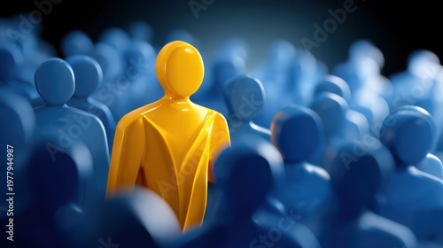 A single yellow figure stands out prominently among numerous blue figures, symbolizing individuality and uniqueness in a crowd.