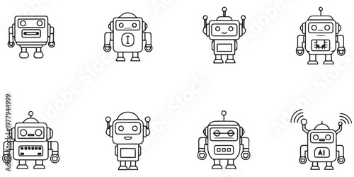 Set of twelve robot head line icons simple outline vector illustration eps 10