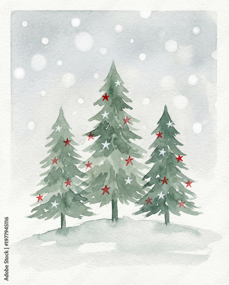 Obraz premium Watercolor Christmas Trees with Red Stars and Snowy Winter Background Illustration 