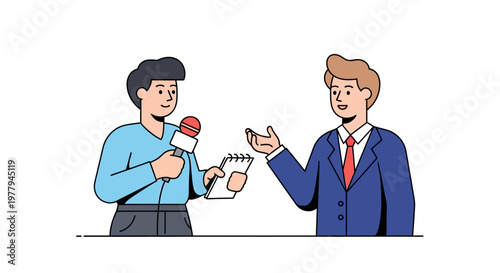 Dynamic illustration of a reporter conducting an interview with a confident speaker, highlighting media interaction and information exchange