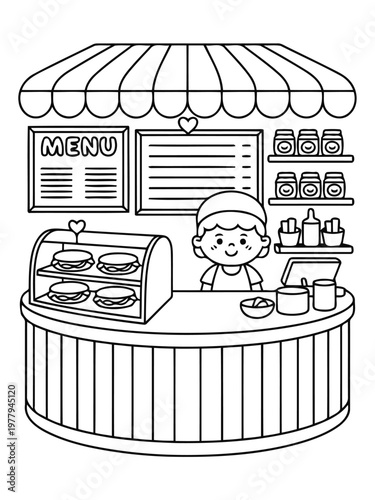 Shopkeeper in Cafe Stand: A cheerful shopkeeper stands ready to serve behind the counter of a quaint cafe stand, a place for delightful treats and warm hospitality.
