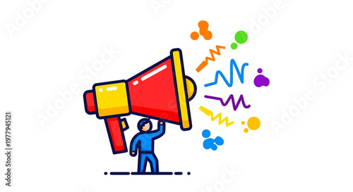 Spreading the Word Vibrant Illustration of a Person Announcing News and Ideas with a Megaphone, Amplifying Marketing and Public Awareness Campaigns