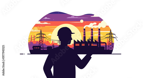 Engineer silhouette containing an industrial landscape with factories, power lines, and sunset, depicting energy production and environmental impact