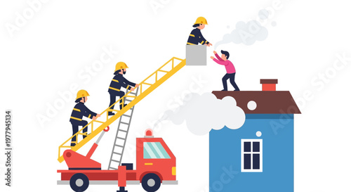 Professional firefighters using a ladder truck to heroically rescue a person from a burning house, showcasing emergency response and safety