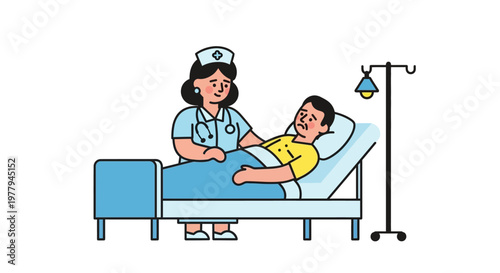 Compassionate Nurse Providing Bedside Care to a Recovering Patient in a Hospital Ward Illustration