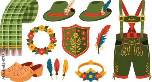 Traditional Bavarian Oktoberfest costume set, lederhosen hat scarf wreath feathers shoes accessories, cultural folk outfit vector illustration isolated on white background