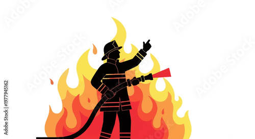 Firefighter with hose in front of flames, illustration of emergency services