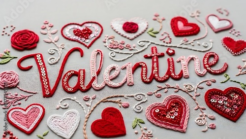 Valentines day decoration hearts and floral embroidery on pastel background