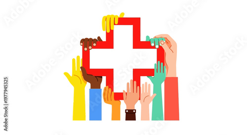 Diverse hands unite to form a red cross, symbolizing global health, community support, and inclusive medical care for all people