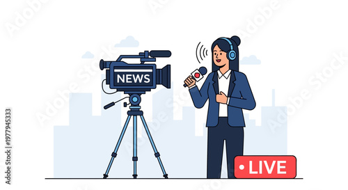 Female Journalist Broadcasting Live News Report from an Urban Setting with Camera Crew, Conveying Breaking Stories