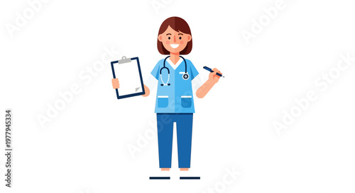 Smiling professional female nurse character with stethoscope holding clipboard and pen, representing healthcare services and patient care