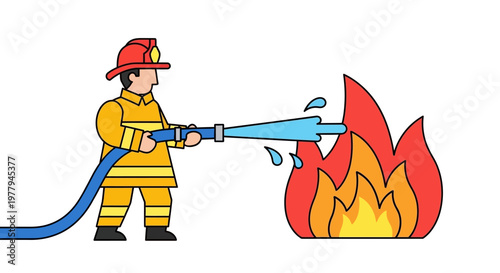 Brave firefighter in protective gear battling a dangerous fire with a powerful water hose, symbolizing emergency rescue and safety protection