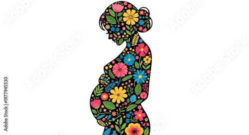 Vibrant floral silhouette of a pregnant woman symbolizing new life, nature's beauty, and the joyous journey of motherhood