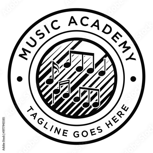 Music academy logo with musical notes and tagline space icon