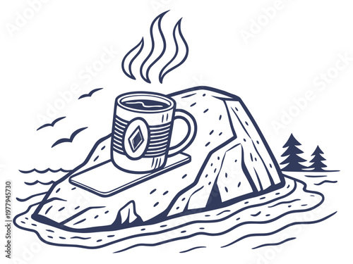 Cup of tea and coffee vector illustration with ocean cruise and travel theme