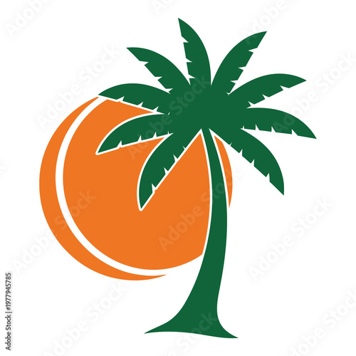 Palm tree in front of large orange sun illustration icon