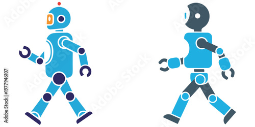 Two cartoon robots walking side by side on white background eps 10