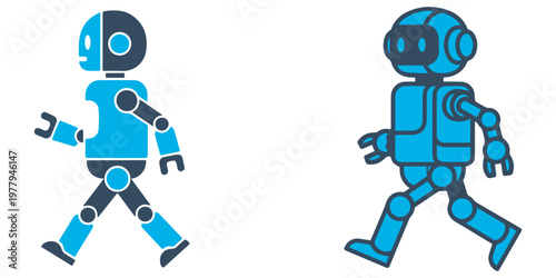 Two cartoon robots walking side by side on white background eps 10